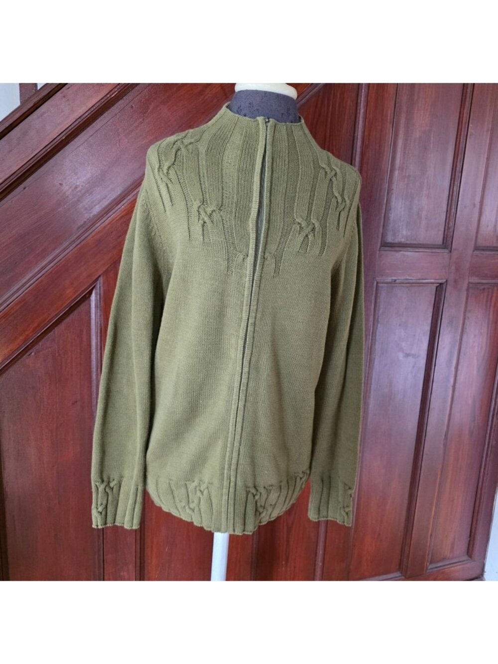 Coldwater Creek Olive Green Cable Knit Full-Zip Cardigan Sweater Size XL 10-12 W